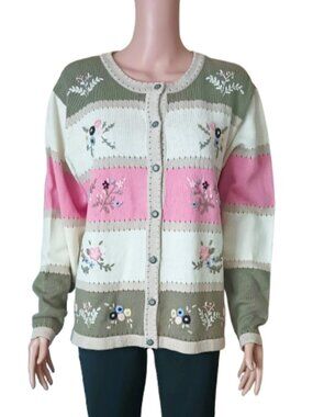 Northern Reflections Embroidered Cardigan L Green Pink Floral Striped Sweater